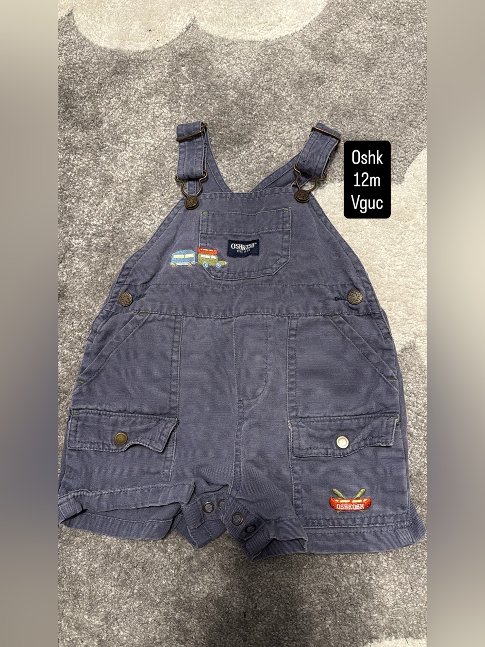 OshKosh B'gosh Navy Shortalls with Vehicle Embroidery